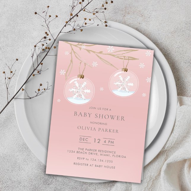 Invitación Baby Shower de copo de nieve de oro ros (Pink Gold Winter Snowflake Baby Shower Invitation)