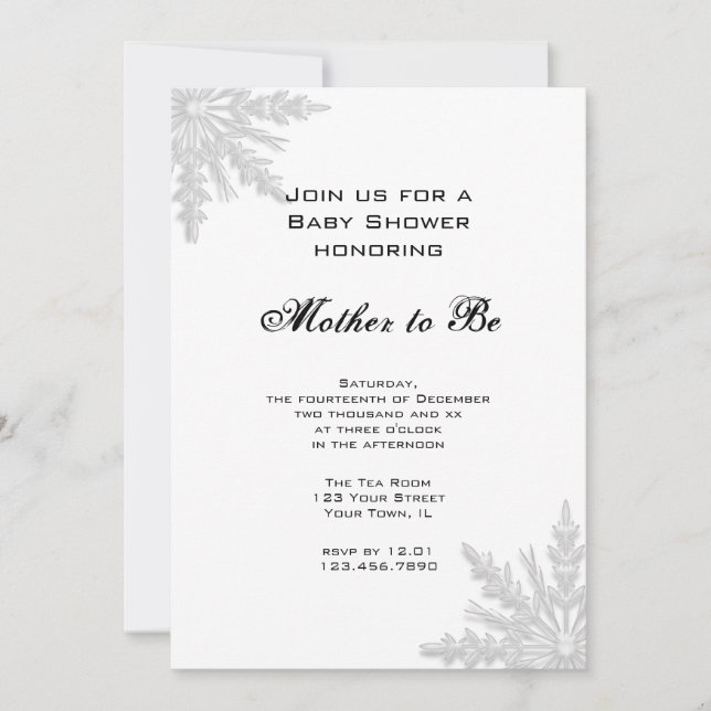 Invitación Baby Shower de copo de nieve en invierno blanco (Anverso)