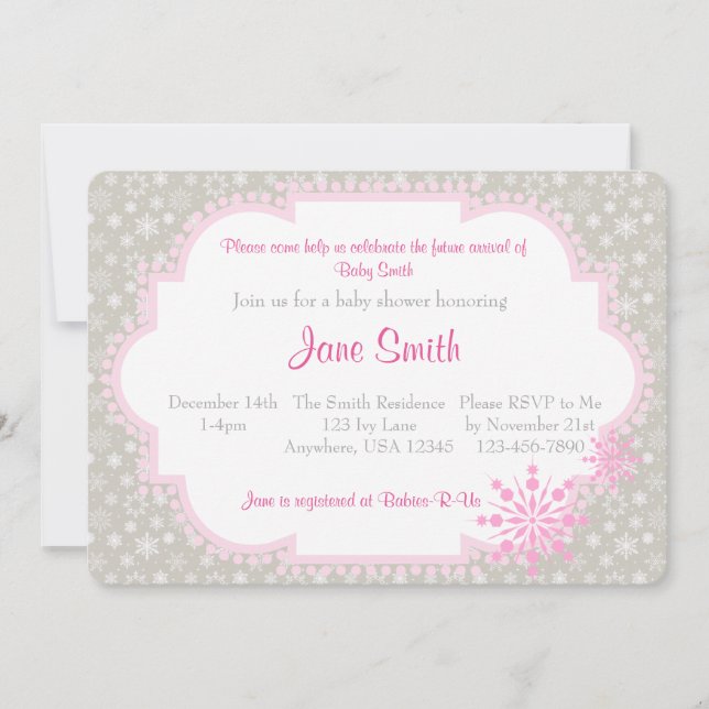 Invitación Baby Shower de copo de nieve gris y ros (Anverso)