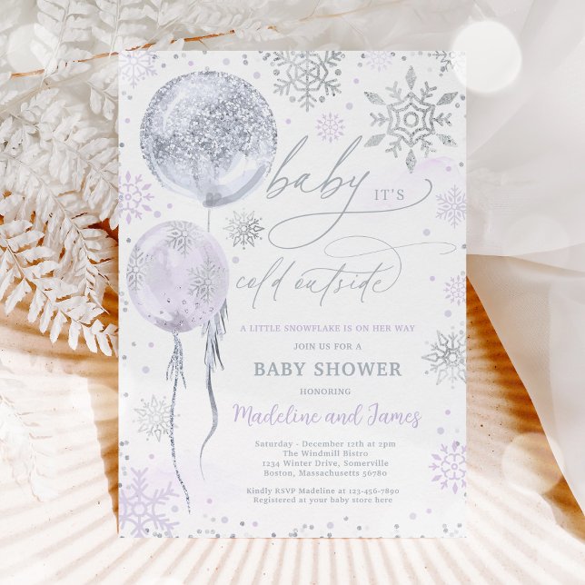 Invitación Baby Shower de copo de nieve morado y plateado en  (Subido por el creador)