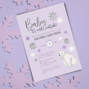 Invitación Baby Shower de copo de nieve púrpura del oso polar