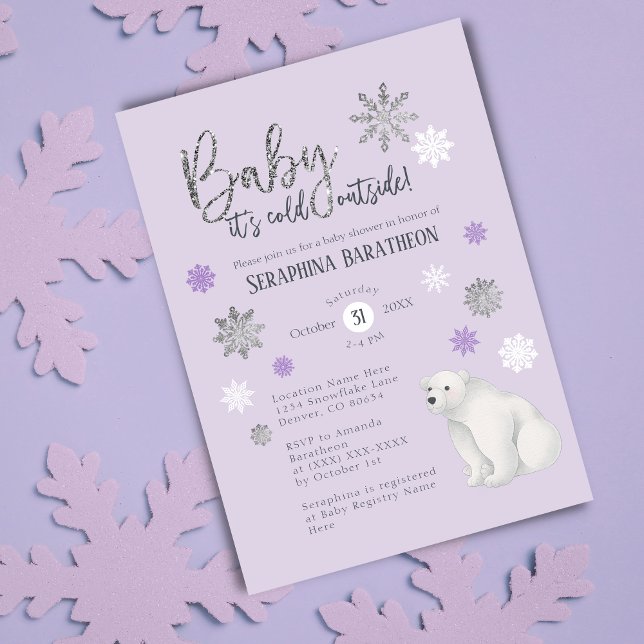 Invitación Baby Shower de copo de nieve púrpura del oso polar (Subido por el creador)