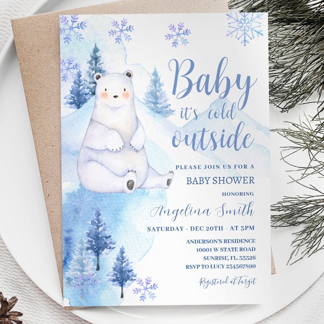 Invitación Baby Shower de copos de nieve azules de oso polar  (Subido por el creador)