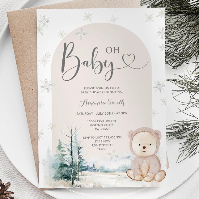 Invitación Baby Shower de copos de nieve con árboles evergree (Subido por el creador)