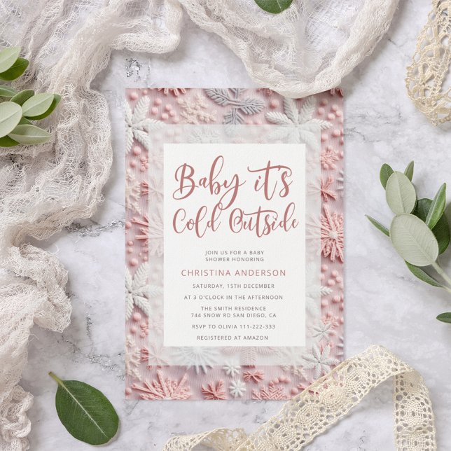 Invitación Baby Shower de copos de nieve de plata rosa invern (Subido por el creador)