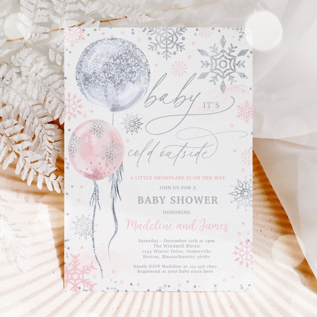 Invitación Baby Shower de copos de nieve de plata rosa invern (Subido por el creador)