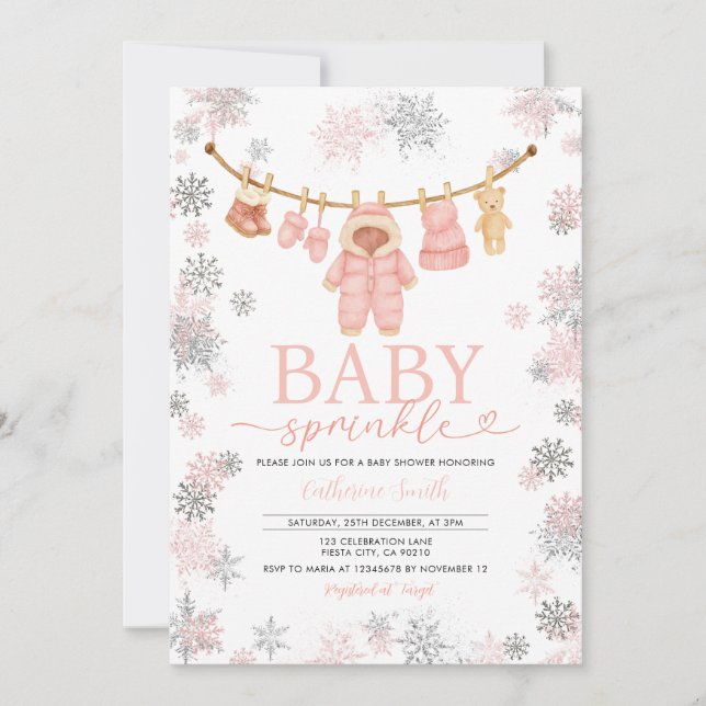 Invitación Baby Shower de copos de nieve rociados por un bebé (Anverso)