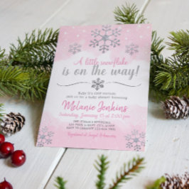 Invitación Baby Shower de copos de nieve rosa y pl
