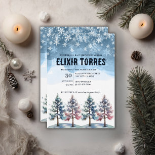 Invitación Baby Shower de copos de nieve y pinos de bosque de