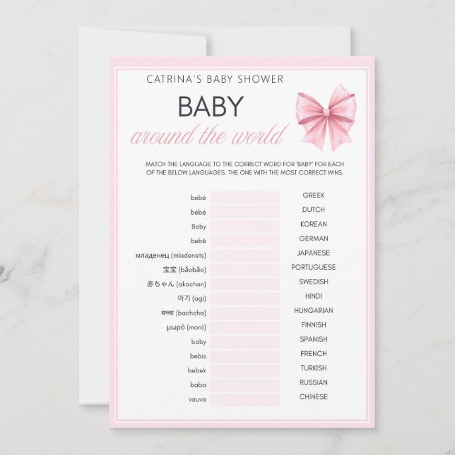 Invitación Baby Shower de Coquette Bow rosa - Nombre editable (Anverso)