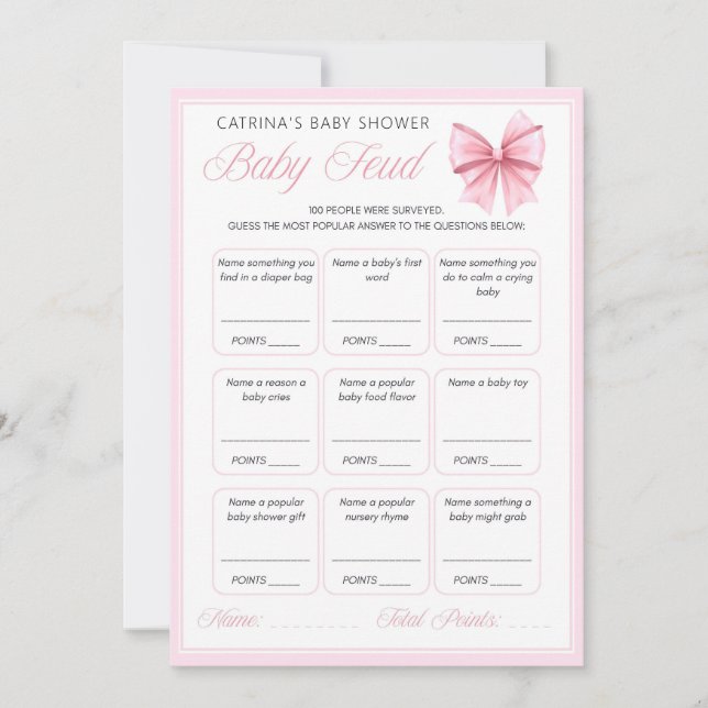 Invitación Baby Shower de Coquette Bow rosa - Nombre editable (Anverso)