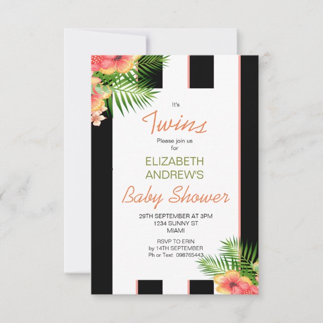 Invitación Baby Shower de coral tropical a rayas (Anverso)