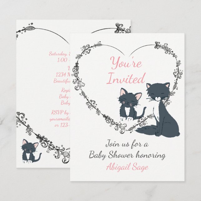 Invitación Baby Shower de Corazón de Gato, Gatito y Flor (Anverso / Reverso)