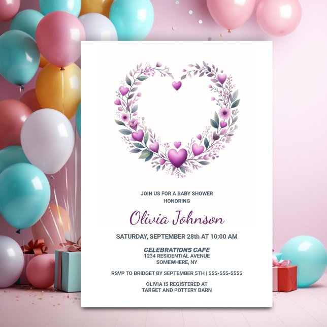 Invitación Baby Shower de corazón floral rosado (Subido por el creador)