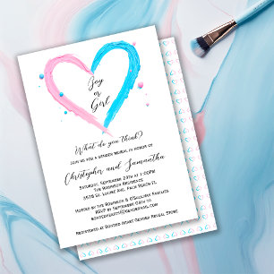 Invitación Baby Shower de corazón rosa azul revelado por géne