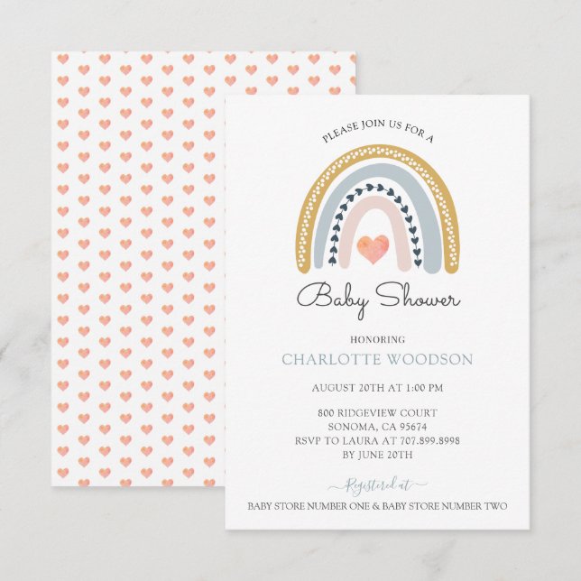 Invitación Baby Shower de corazón rosado arco iris (Anverso / Reverso)
