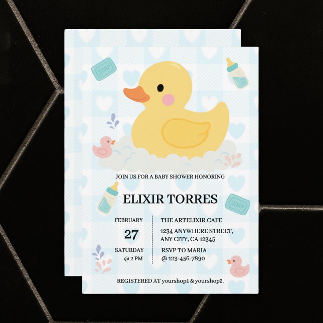 Invitación Baby Shower de Corazones Azules de Duck de goma (Subido por el creador)
