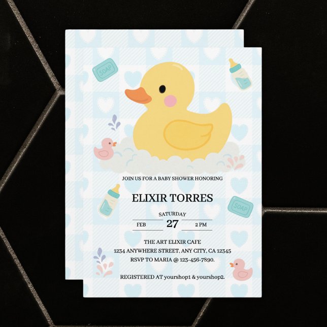 Invitación Baby Shower de Corazones Azules de Duck de goma (Subido por el creador)
