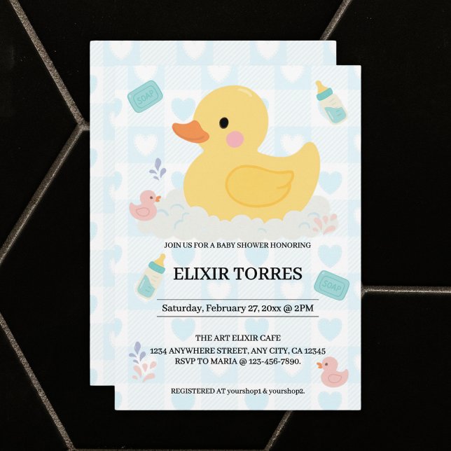 Invitación Baby Shower de Corazones Azules de Duck de goma (Subido por el creador)