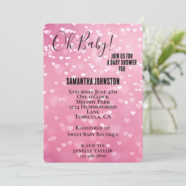 Invitación Baby Shower de corazones blancos rosados (Anverso de pie)
