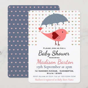 Invitación Baby Shower de corazones de lluvia de pájaro bajo 