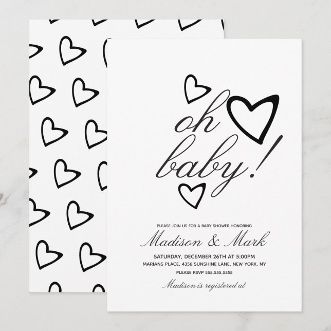 Invitación Baby Shower de corazones negros flotantes minimali (Anverso / Reverso)