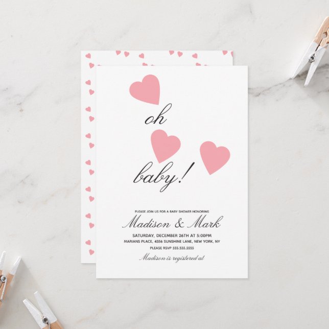 Invitación Baby Shower de corazones rosados flotantes minimal (Anverso/Reverso In Situ)