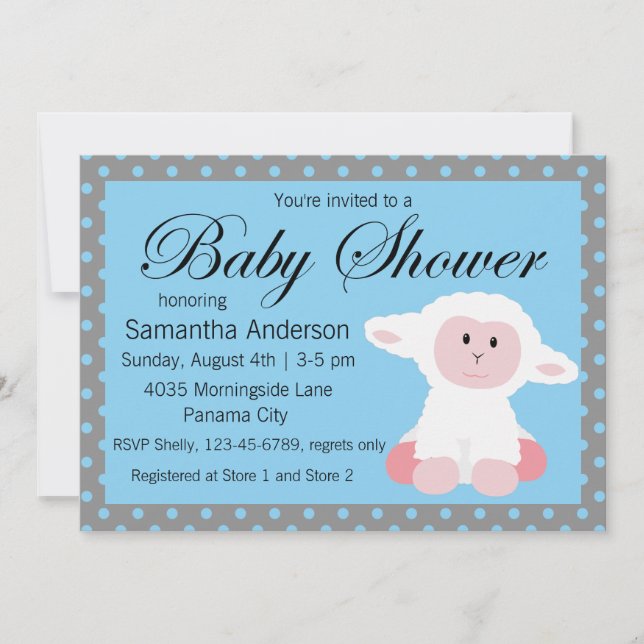 Invitación Baby Shower de cordero bebé y puntos de polka (Anverso)