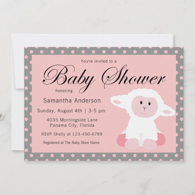 Invitación Baby Shower de cordero bebé y puntos de polka (Anverso)