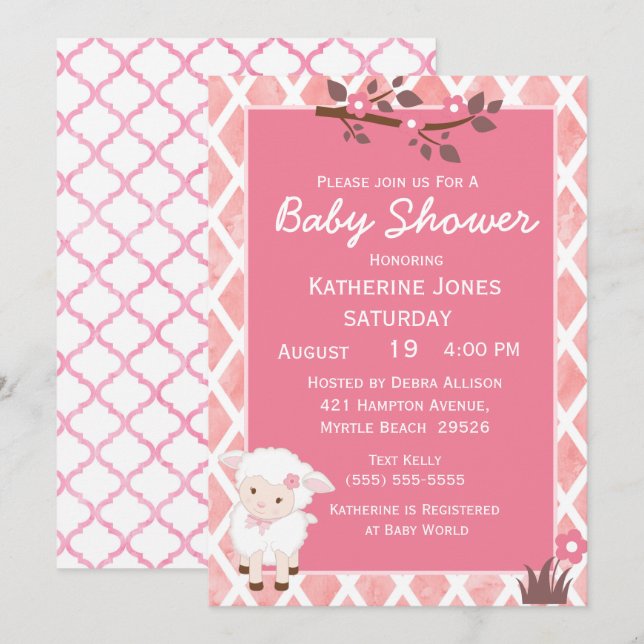 Invitación Baby Shower de cordero blanco floral rosa (Anverso / Reverso)