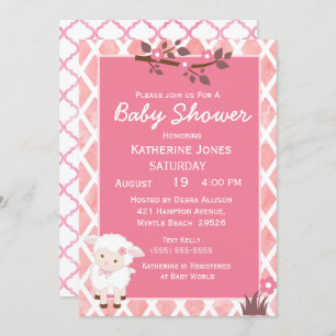 Invitación Baby Shower de cordero blanco floral rosa