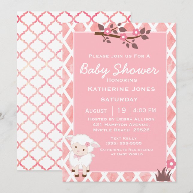 Invitación Baby Shower de cordero blanco floral rosa (Anverso / Reverso)