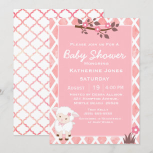 Invitación Baby Shower de cordero blanco floral rosa