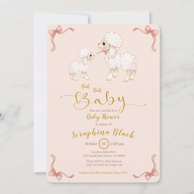 Invitación Baby Shower de cordero de cinta rosada  (Anverso)