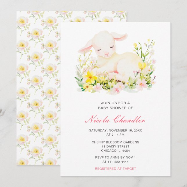Invitación Baby Shower de cordero de primavera (Anverso / Reverso)