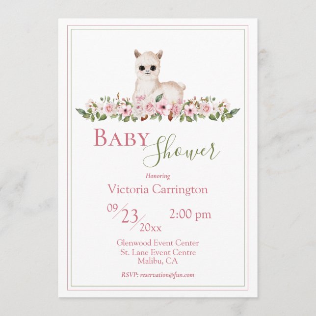 Invitación Baby Shower de Cordero Floral Rosa (Anverso)