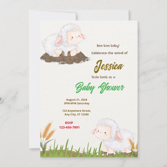Invitación Baby Shower de cordero pequeño (Anverso)