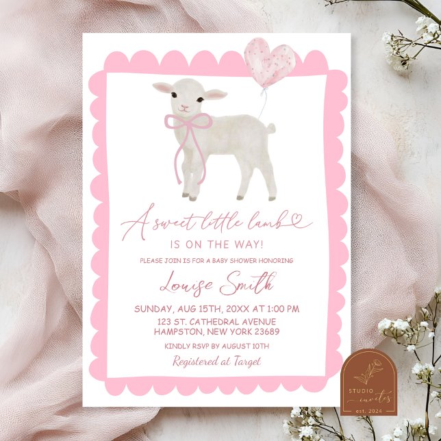 Invitación Baby Shower de cordero pequeño dulce rosa (Subido por el creador)