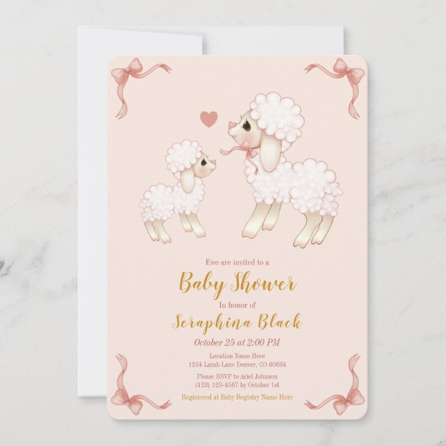 Invitación Baby Shower de cordero rosa dulce Girly (Anverso)