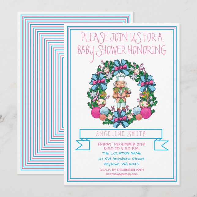 Invitación Baby Shower de cortina azul rosada (Anverso / Reverso)