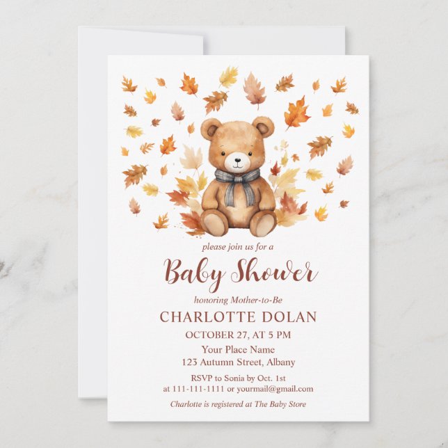 Invitación Baby Shower de Cosy Fall Teddy Bear (Anverso)