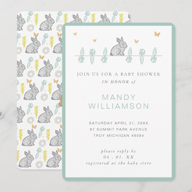 Invitación Baby Shower de Country Bunny Rabbit Eas (Anverso / Reverso)