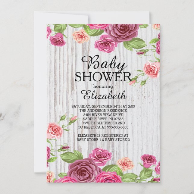 Invitación Baby Shower de Country Pink Roses Wood (Anverso)
