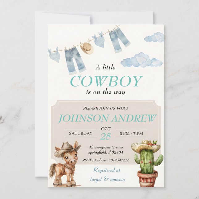 Invitación Baby Shower de Cowboy Elegante Azul (Anverso)