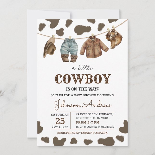Invitación Baby Shower de Cowboy marrón personal (Anverso)