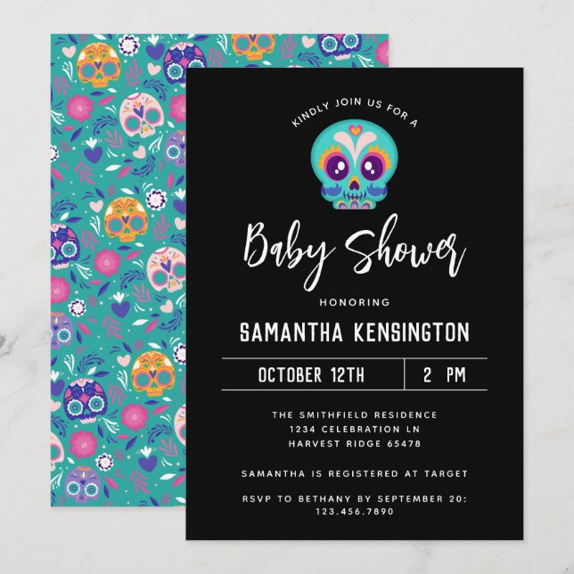 Invitación Baby Shower de cráneo de azúcar neutro de género d (Anverso / Reverso)