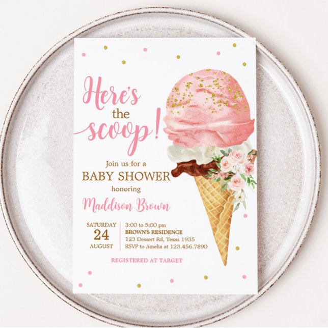 Invitación Baby Shower de Crema de Hielo Rosa (Here is the Scoop Baby Shower Invitation)