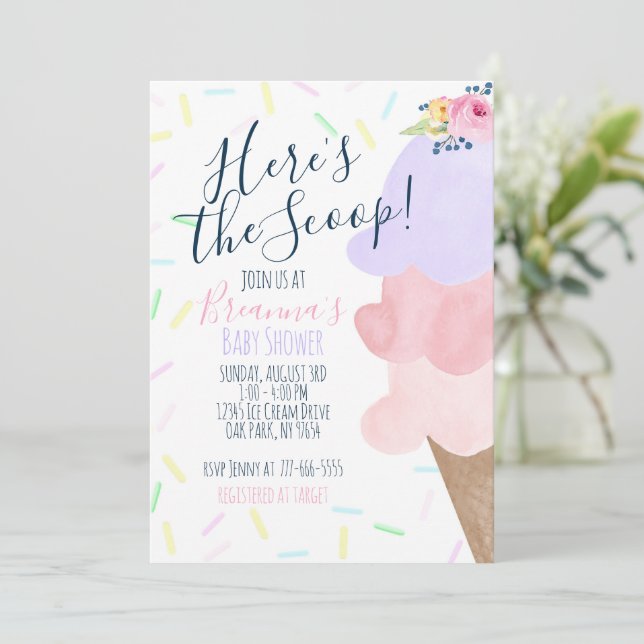 Invitación Baby Shower de crema de hielo rosa y púrpura (Anverso de pie)