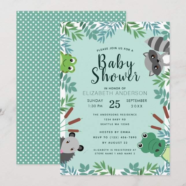 Invitación Baby Shower de criaturas de pantano de corte (Anverso / Reverso)
