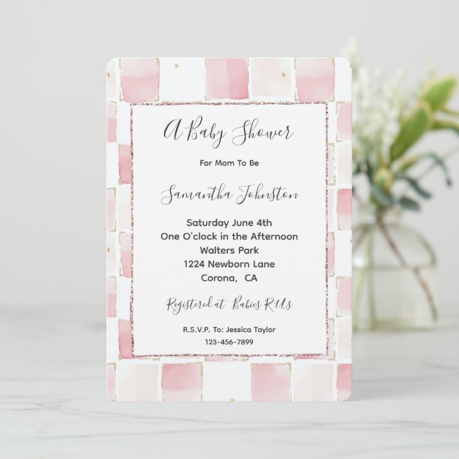 Invitación Baby Shower de cuadrados blancos rosados de moda (Anverso de pie)